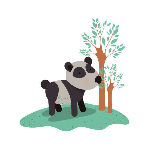 卡通熊猫在森林里，旁边的树在五颜六色的剪影图片下载