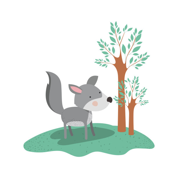 卡通中的狼在森林里，旁边的树在五颜六色的剪影图片下载