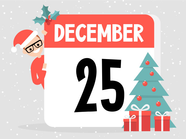 12月25日。圣诞节。小角色戴着圣诞帽，从装饰好的日历后面偷看。平面可编辑矢量插图，剪辑艺术图片下载