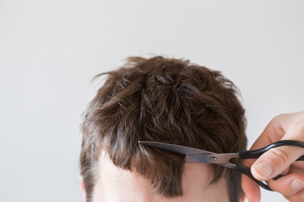 理发师的手用剪刀在灰色的背景上剪着男人的棕色头发。关心健康清洁的头发。美容院的概念。图片下载