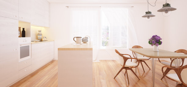 现代厨房和餐厅室内3d渲染图片下载