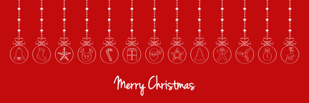 悬挂手绘圣诞装饰品与图标和愿望-全景横幅。向量。图片下载