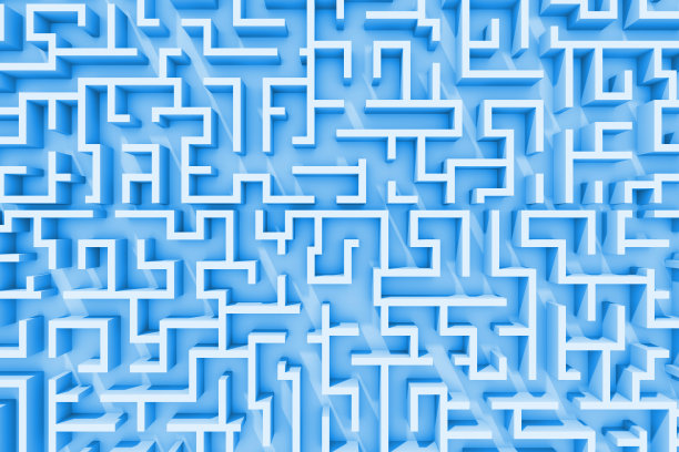 巨大的浅蓝色迷宫结构，有一条穿过迷宫结构的路径(3d插图)图片下载