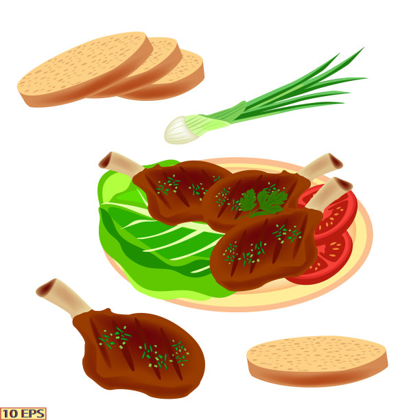 炒肉片。肉丸、洋葱和莴苣。牛排带骨。肉炸肉饼。炸肉排和面包。盘子里有青菜、西红柿和肉。向量。图片下载