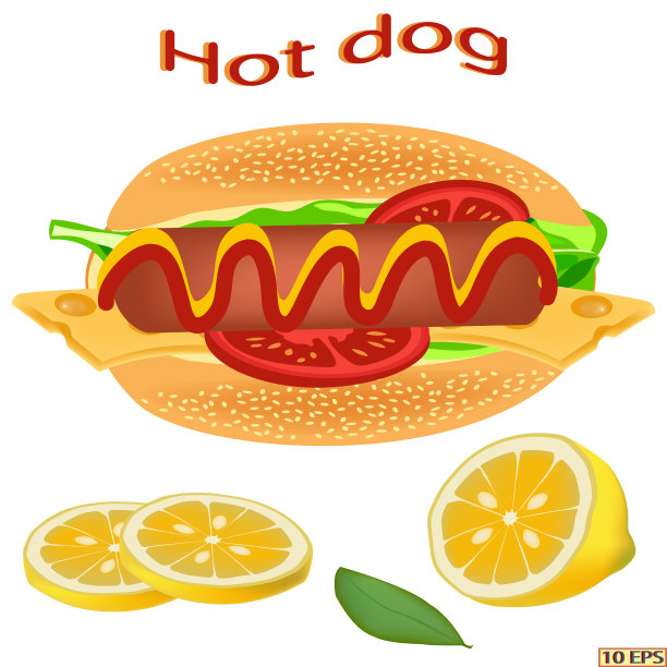 香肠热狗。美味的热狗。美味的热狗，香肠，芥末和番茄酱。快餐。向量。图片下载