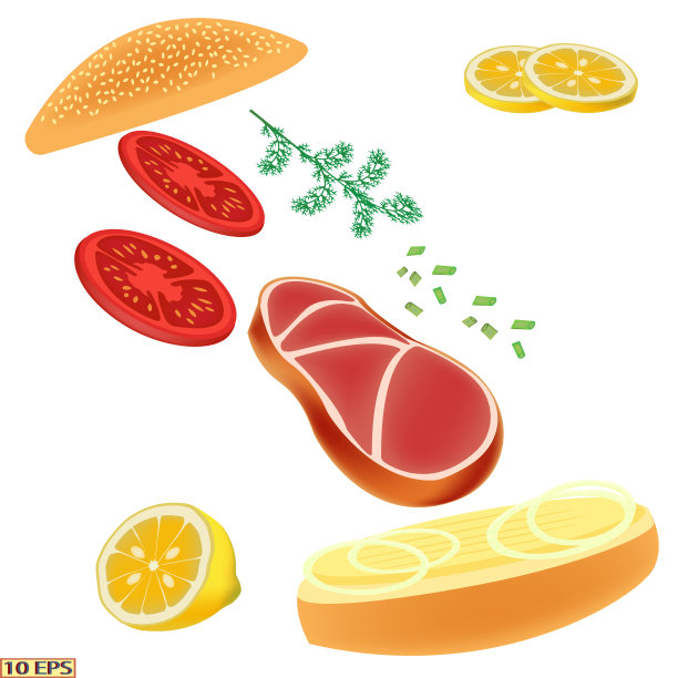 芝士汉堡。夹熏火腿和奶酪的小面包。汉堡包。西红柿和熏肉三明治。黄油，香草，西红柿和熏猪肉三明治。向量。图片下载
