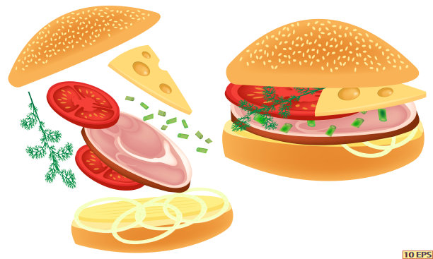 芝士汉堡。夹熏火腿和奶酪的小面包。汉堡包。西红柿和熏肉三明治。黄油，香草，西红柿和熏猪肉三明治。向量。图片下载