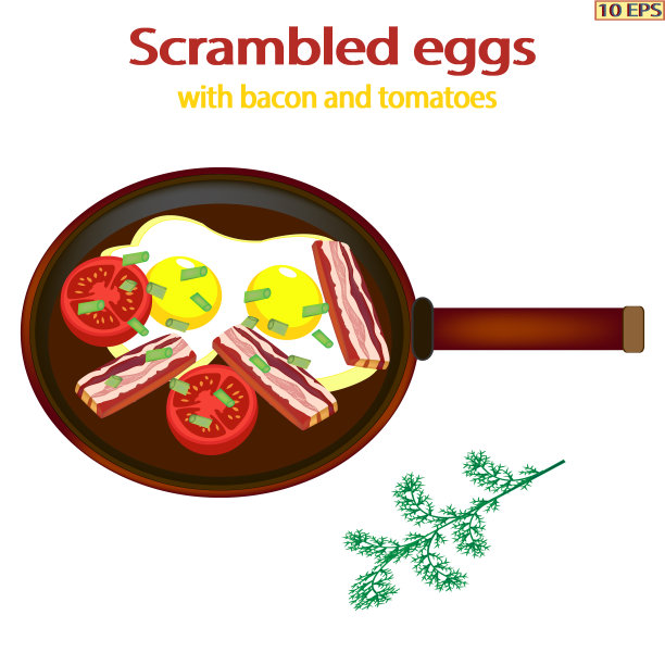 培根炒蛋。煎蛋与培根，西红柿和绿色蔬菜特写。矢量插图食谱，菜单餐厅，厨房内部。图片下载