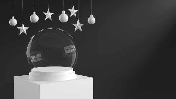 空雪玻璃球与白色托盘和讲台在黑暗的背景与悬挂的球和星星装饰。新年或圣诞节主题。3 d渲染。图片下载