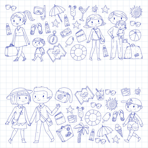 家人带着孩子旅行母亲，父亲，姐妹，兄弟。男孩和女孩。幼儿园,幼儿园的孩子。学校的孩子们。探险、探险和家庭度假或度假海滩、潜水图片下载