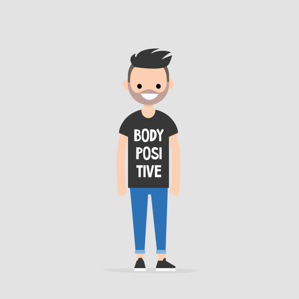 年轻的角色穿着一件印有“身体正面”标志的t恤。正常的形状。平面可编辑矢量插图，剪辑艺术图片下载
