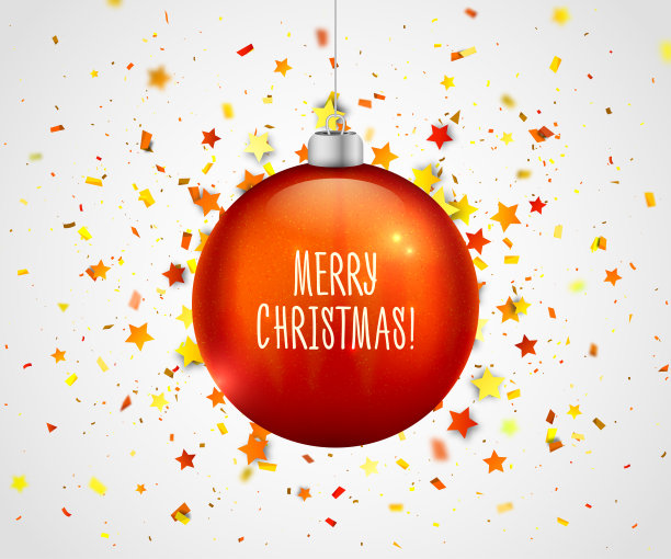 漂亮的红色圣诞球，上面有五彩纸屑和五颜六色的星星。节日圣诞装饰贺卡新年快乐和寒假，横幅，海报。现实的挂球图片下载