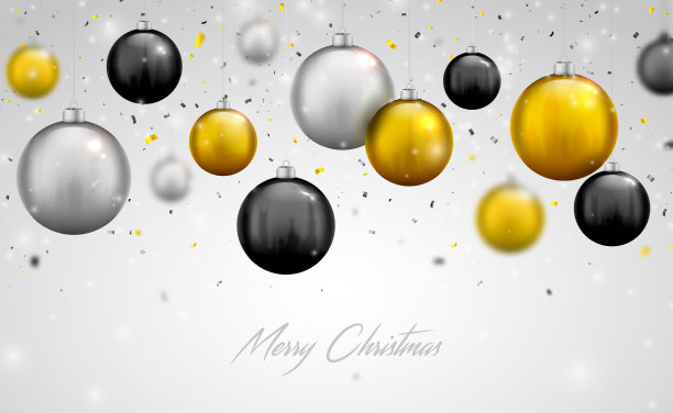 美丽的银色，黑色和金色圣诞球。节日圣诞装饰贺卡新年快乐和寒假，横幅，海报。逼真的彩色挂球图片下载