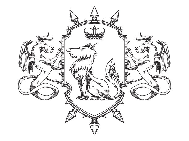 纹章盾牌与狼和龙，线条艺术图片下载
