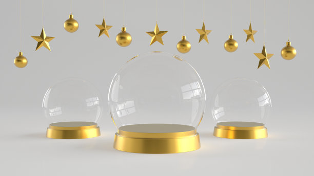 三个玻璃圆顶与金色托盘在白色的背景与悬挂白色的球和星星装饰。新年或圣诞节主题。3 d渲染。图片下载