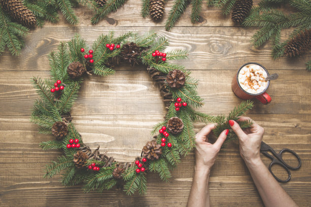 用新鲜的天然材料制作圣诞花环。平的。前视图。DIY。天然材料。图片下载