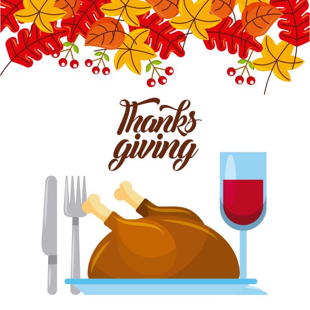 感恩节晚餐火鸡和葡萄酒用秋叶装饰图片下载