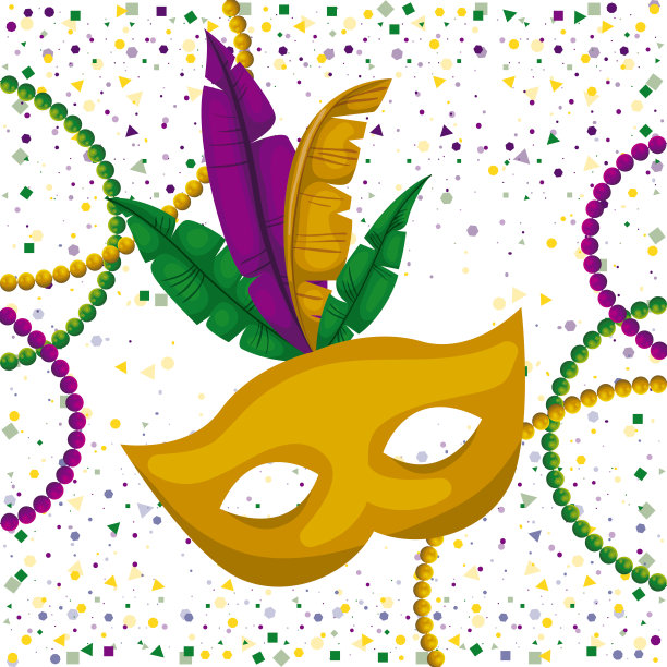 黄色的狂欢节面具，五彩缤纷的羽毛和彩纸背景的项链图片下载