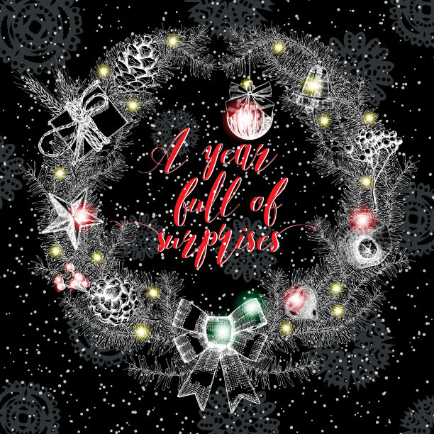 充满惊喜的一年，手写圣诞祝福的节日贺卡。Handdrawn刻字。圣诞和新年贺卡手工设计。图片下载