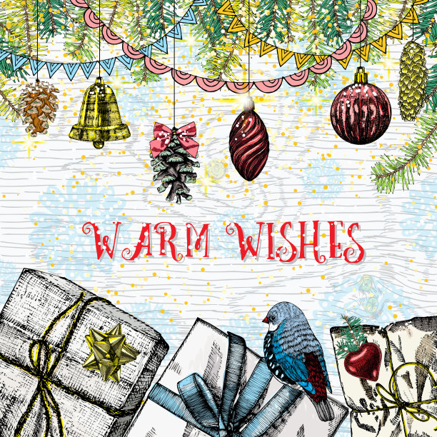 用冬青浆果、蝴蝶结、小鸟和松果写着温馨的祝福，圣诞快乐。图片下载