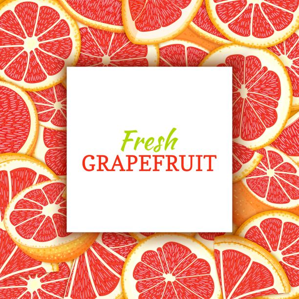 方形白色标签上的柑橘红柚子背景。矢量插图。热带新鲜多汁的柚子紧密间隔为背景设计的果汁早餐包装图片下载