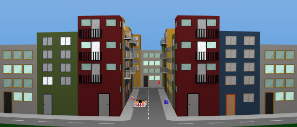 大城市有着五颜六色的房屋，工地和道路指示牌。全景图片下载