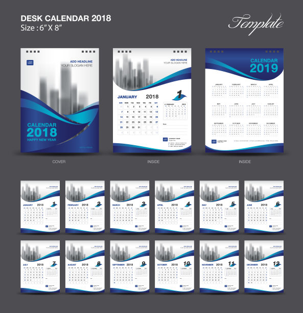桌面日历2018模板设计，蓝色封面，一套12个月，商业日历的想法图片下载