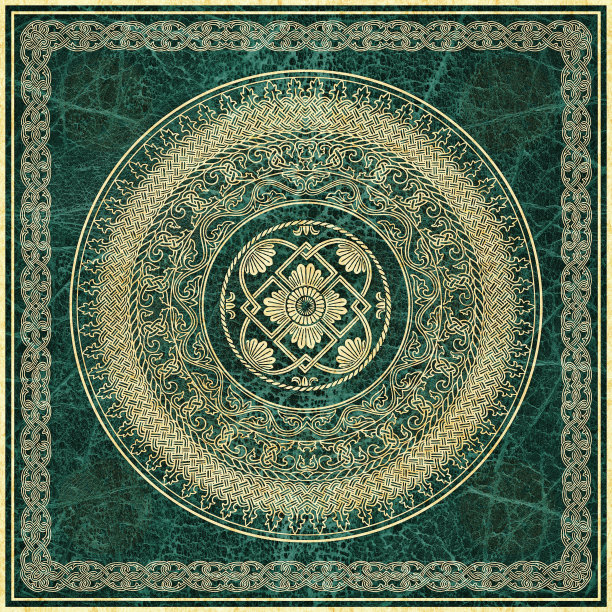 高分辨率中世纪黄金装饰图案在翡翠绿色萎缩动物皮羊皮纸背景上图片下载