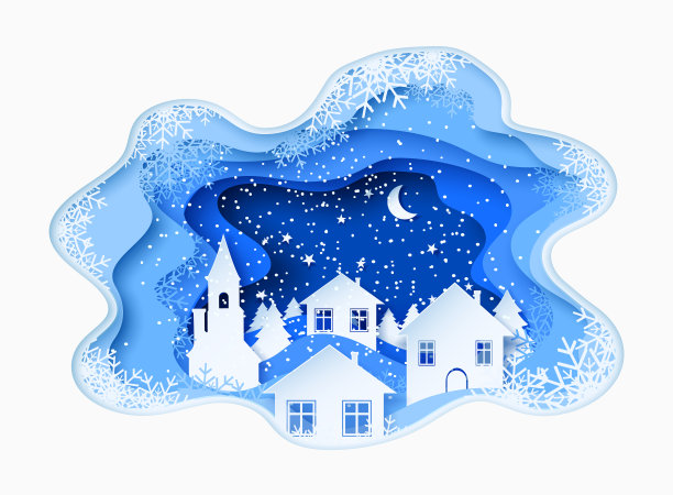 3d抽象剪纸插图的冬天，城镇，夜晚，教堂和松树。向量模板图片下载