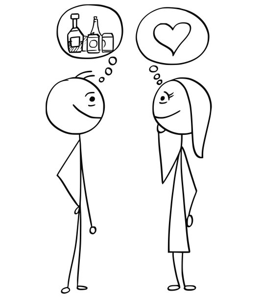 男人和女人谈论酒精、喝酒和爱情的矢量漫画图片下载