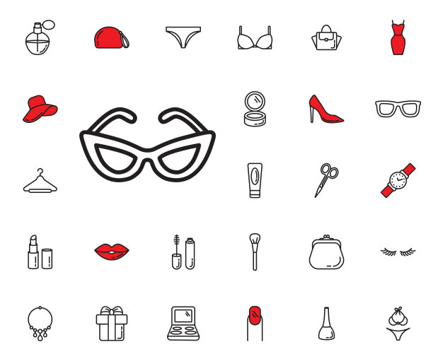 女人太阳眼镜图标。美丽，化妆品，购物和化妆矢量图标设置。化妆品，化妆刷，口红，香水，眼妆。女性饰品。时尚图标图片下载