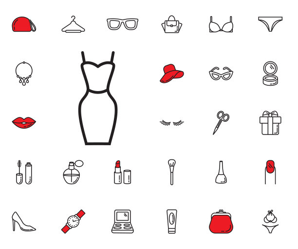 酒会礼服图标。美丽，化妆品，购物和化妆矢量图标设置。化妆品，化妆刷，口红，香水，眼妆。女性饰品。时尚图标图片下载