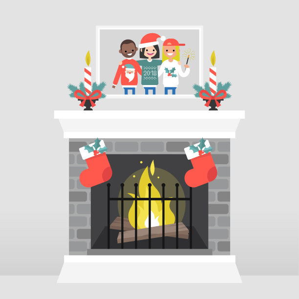 圣诞节的内部。装饰壁炉。蜡烛。家庭照片。冬季季节性装饰。平面矢量插图，剪辑艺术图片下载