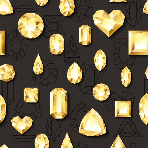 矢量无缝黑色光泽背景与3d黄金宝石，珠宝。黄金闪亮的钻石，不同的切割。图片下载