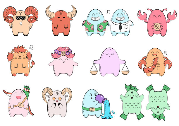 星座图标。收集十二生肖的图标。矢量涂鸦插图与卡通漫画人物。有趣的动物,怪物。标志和符号。补丁,徽章素材图片