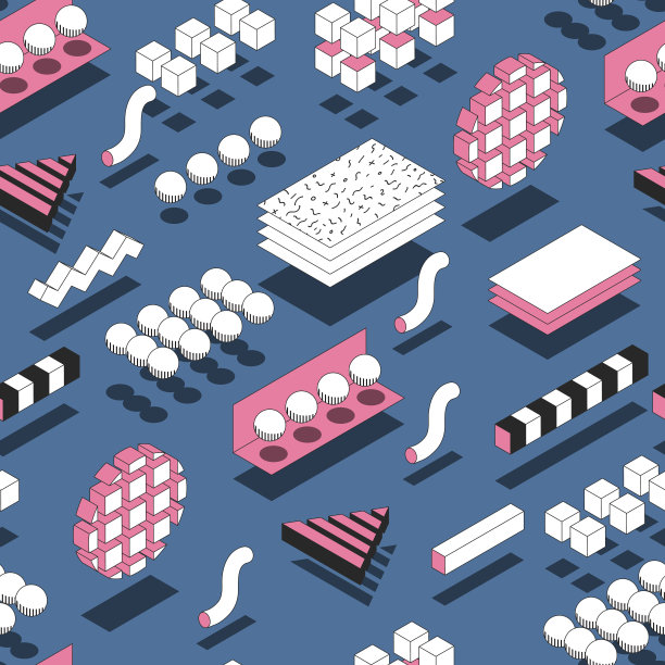 几何形状无缝图案。时尚背景与3d元素的海报，海报，覆盖素材图片