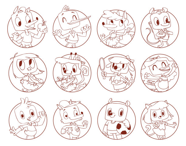 十二套圆形框架与有趣的动物，线条艺术图片下载