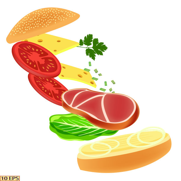 芝士汉堡加熏猪肉。面包，黄油，奶酪，西红柿，欧芹和美味的肉。熏火腿汉堡。向量。图片下载