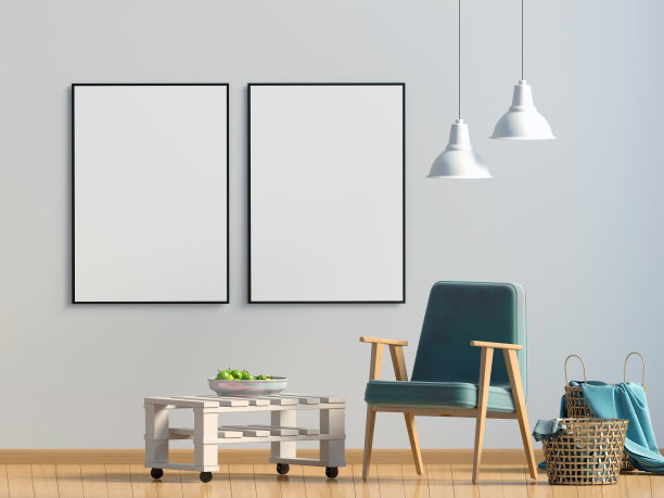 现代的室内装饰和椅子。Posterl模拟。3 d演示。图片下载