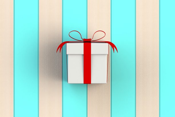 圣诞节和元旦，红白礼盒孤立在蓝色木板上，3D渲染图片下载