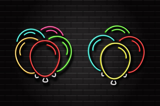 矢量现实孤立的霓虹灯气球庆祝和装饰墙上的背景。生日快乐、周年纪念和结婚的概念。图片下载