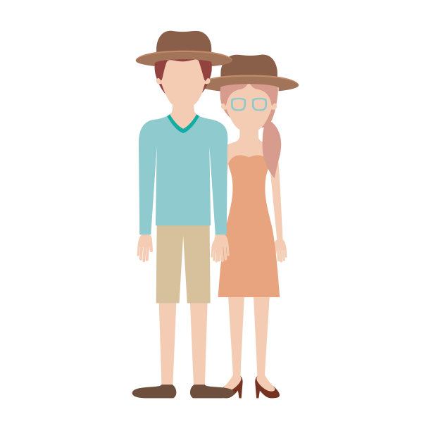 一对无脸的彩色剪影，两人都戴着帽子，他穿毛衣，短裤和鞋子，她戴着眼镜，无肩带连衣裙和高跟鞋，梳着辫子图片下载