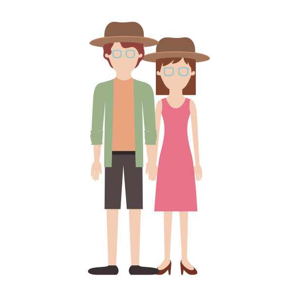 一对面孔模糊、色彩斑斓的情侣，两人都戴着帽子和眼镜，他穿着衬衫、夹克、短裤和鞋子，她穿着连衣裙和高跟鞋，留着中等长度的头发图片下载