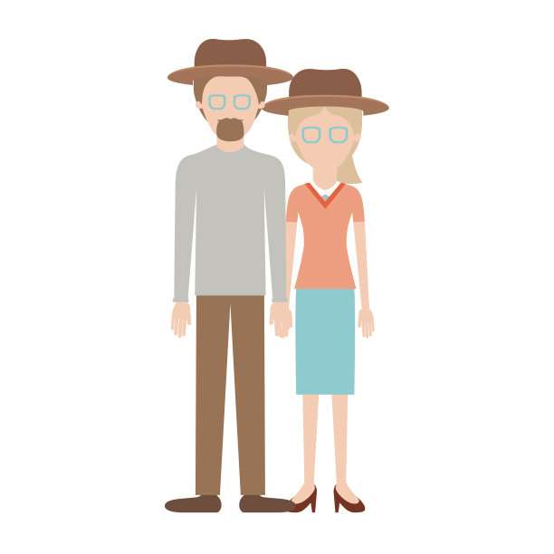 一对面孔模糊的情侣，两人都戴着帽子和眼镜，他留着山羊胡，穿着衬衫、裤子和鞋子，她穿着衬衫、裙子和高跟鞋，梳着马尾发型图片下载