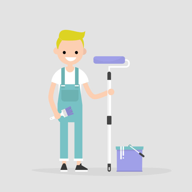 微笑的工人拿着一个油漆滚筒。装修房子。穿着连衣裤的年轻角色。平面可编辑矢量插图，剪辑艺术图片下载