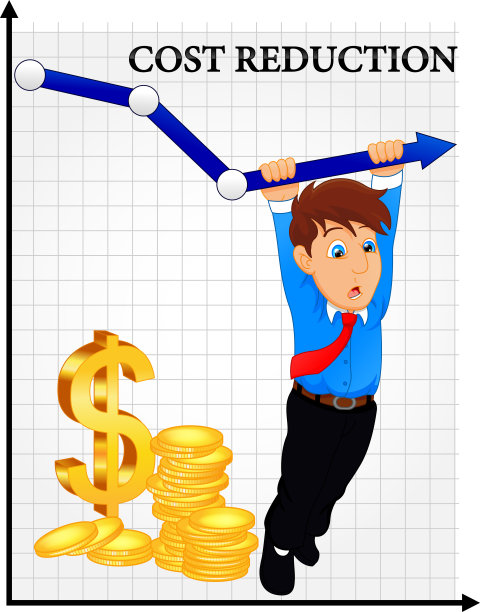 降低成本的概念。降低成本。商人用手降低了图表上的箭头图片下载