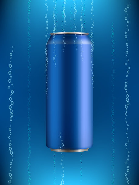 蓝色铝罐与饮料在液体气泡的背景与背光图片下载