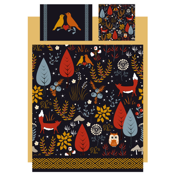 亚麻和床上用品矢量设计与美丽的秋季dorest。枕头和羽绒被都是无缝的，可以用作纺织品印花图片下载