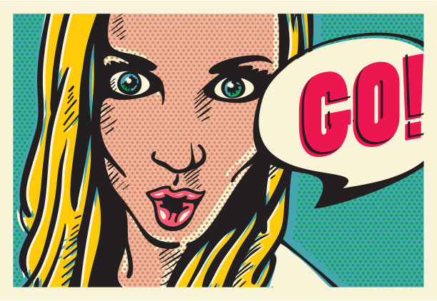 波普艺术女子复古复古海报，画惊讶女子脸，女子说走!图片下载