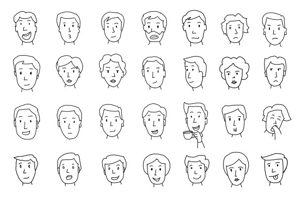 一组人的脸。不同的情绪。用手画。铅笔素描线条图片下载